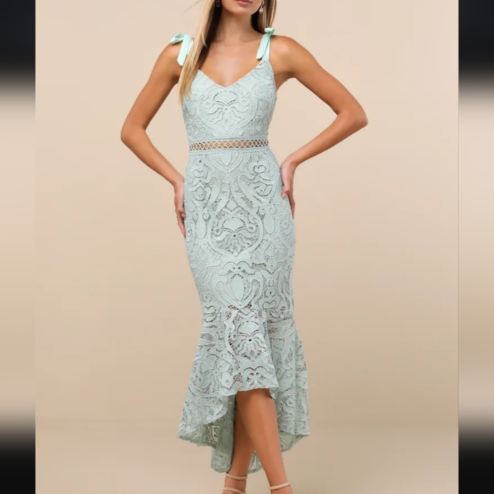 Lulus Won Your Heart Sage Green Lace Tie-Strap High-Low Midi Dress - Medium